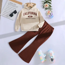 Children's Spring and Autumn Fashion Girls' Sports 2-piece Set Coffee Hoodie+Dark Brown Loose Wide Leg Pants