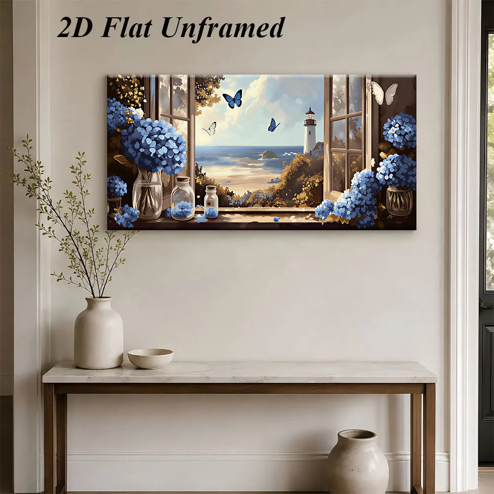 1 piece of seaside landscape blue hydrangea butterfly lighthouse frameless decorative painting 2D plan