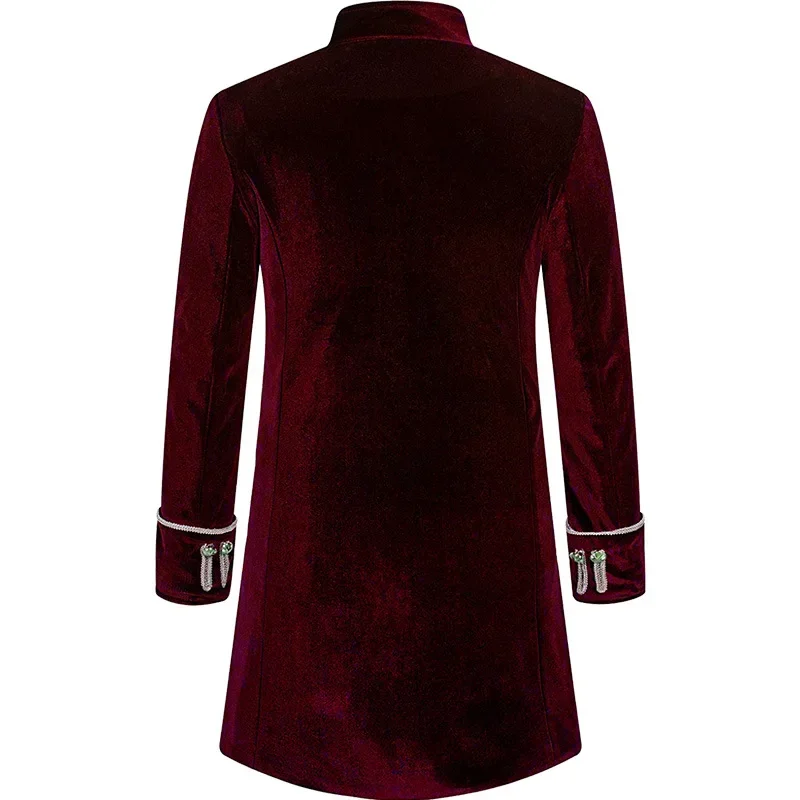 Men Steampunk Gothic Victorian Jacket Vintage Wine Red Velvet Tailcoat Medieval Frock Coat Uniform Party Halloween Costume Homme