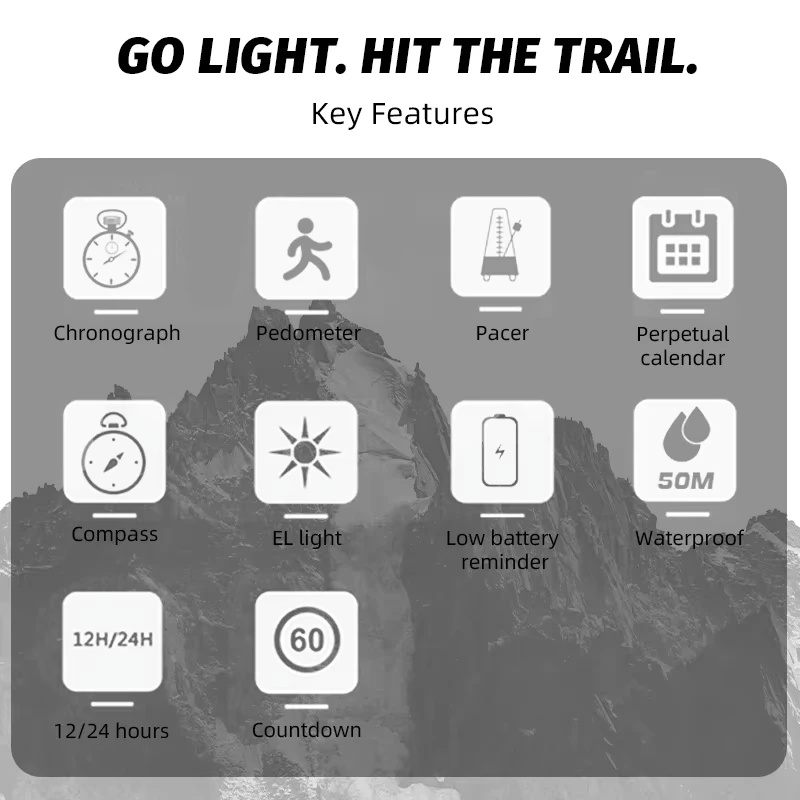 NORTH EDGE LITECORE 2026 Men's Digital Watch Outdoor Sports Super Light Compass Pedometer Waterproof 50M Electronics Wristwatch