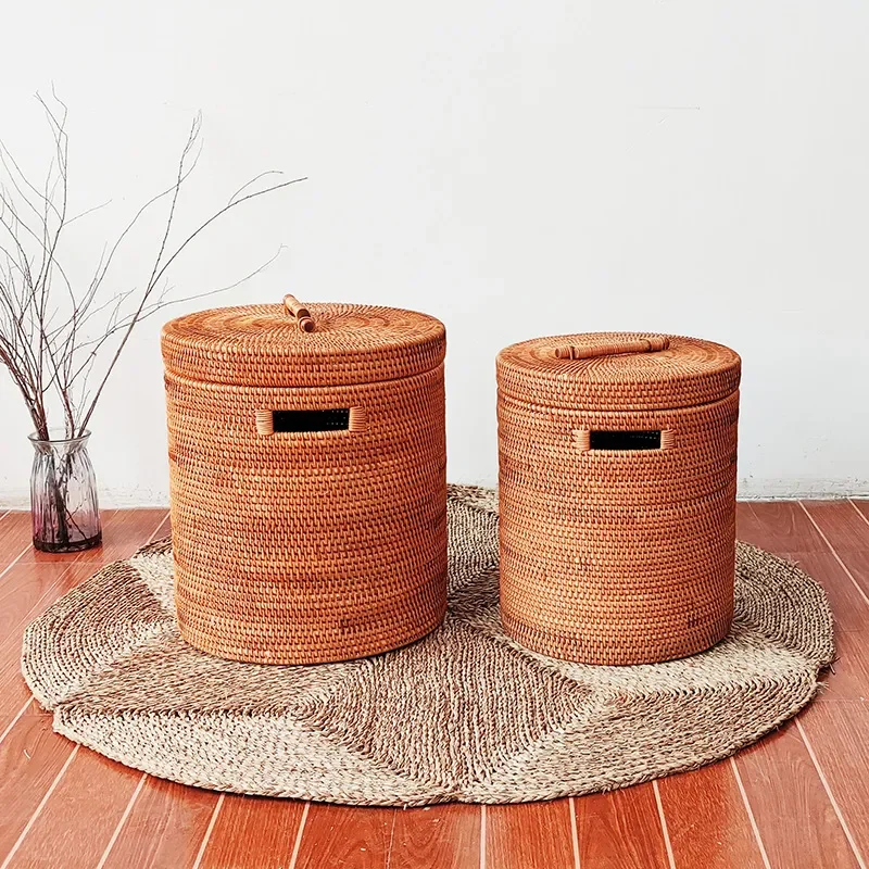 Handwoven Rattan Storage Basket for Living Room Home Organization Toy Box Clothes Bin Natural Wicker Laundry Hamper Decor