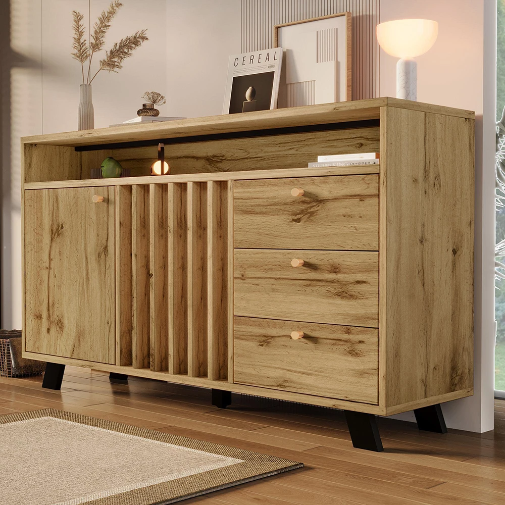 KOMHTOM Aparador Vintage con aspecto de roble oscuro 120x40x85 cm, 3 cajones de almacenamiento, 2 puertas de armario