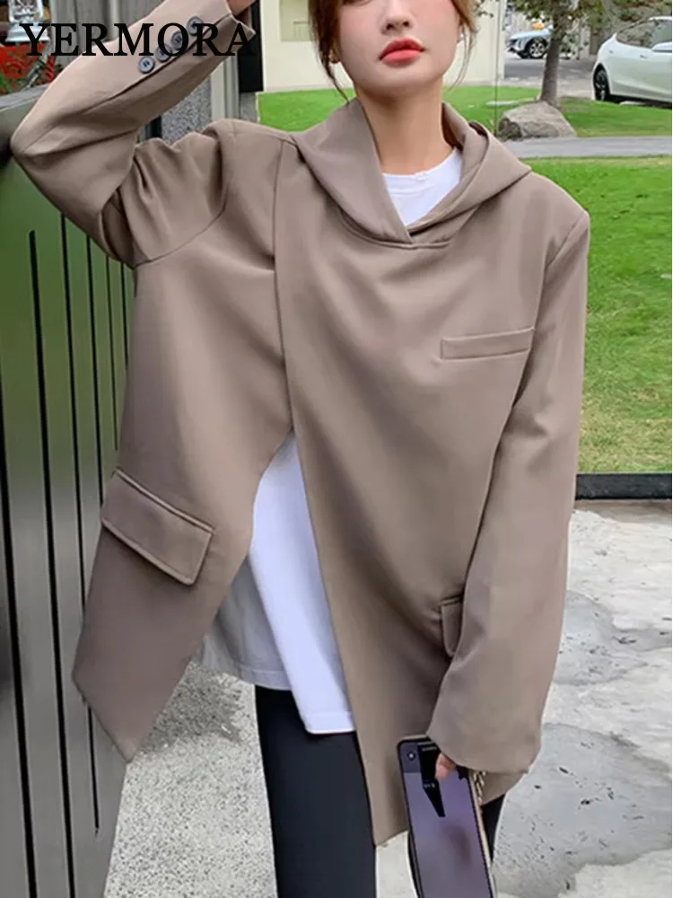 

YERMORA Women Slit Irregular Big Size Blazer New Hooded Long Sleeve Loose Fit Jacket Fashion Tide Spring Autumn 2025 A645