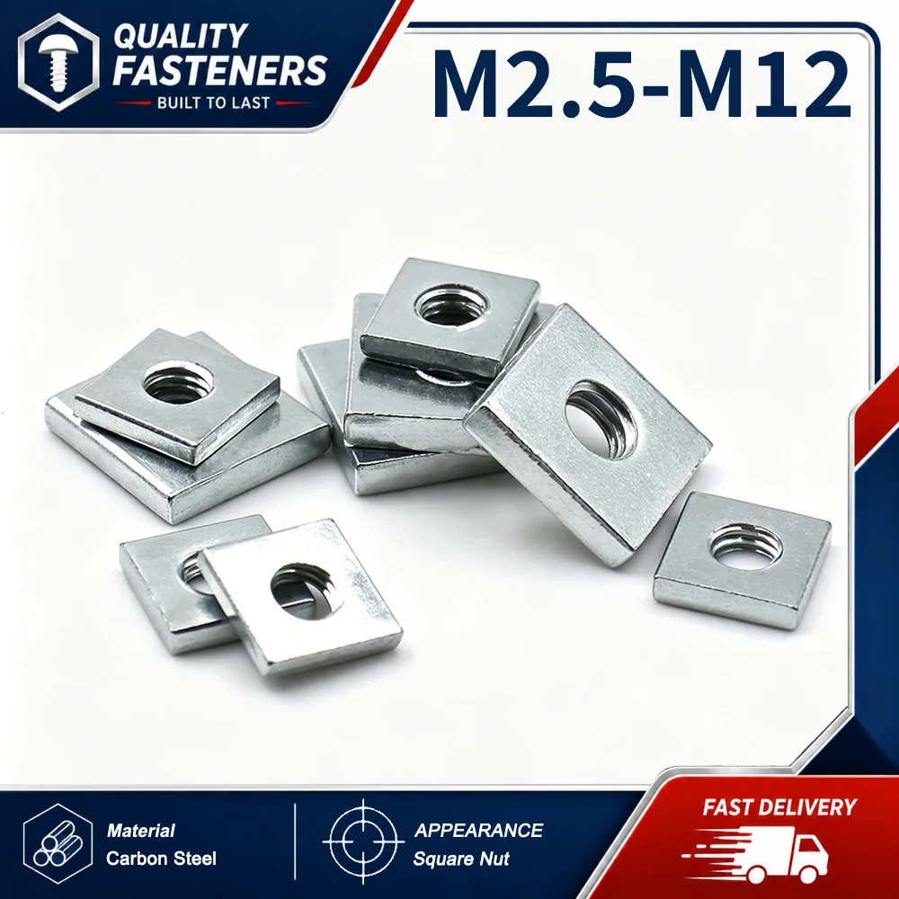 Zinc Plated Carbon Steel Square Nuts Flat Square Blocks Aluminum Profile Fasteners M2.5-M12
