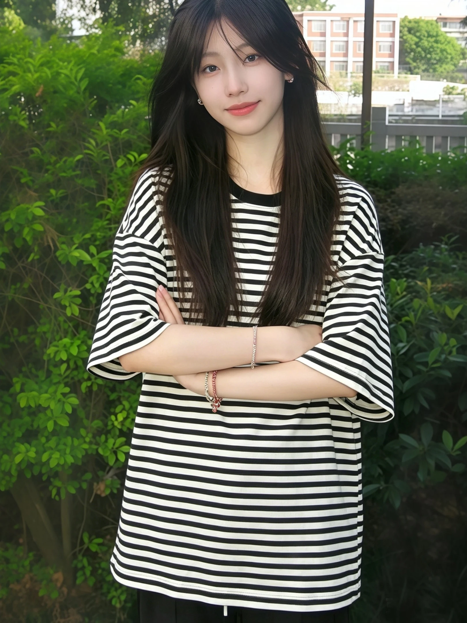 Retro Casual Stripe T-Shirt Women's Korean Loose Mid-Length Oversize Butt Covering Short Sleeve Summer Top round Neck