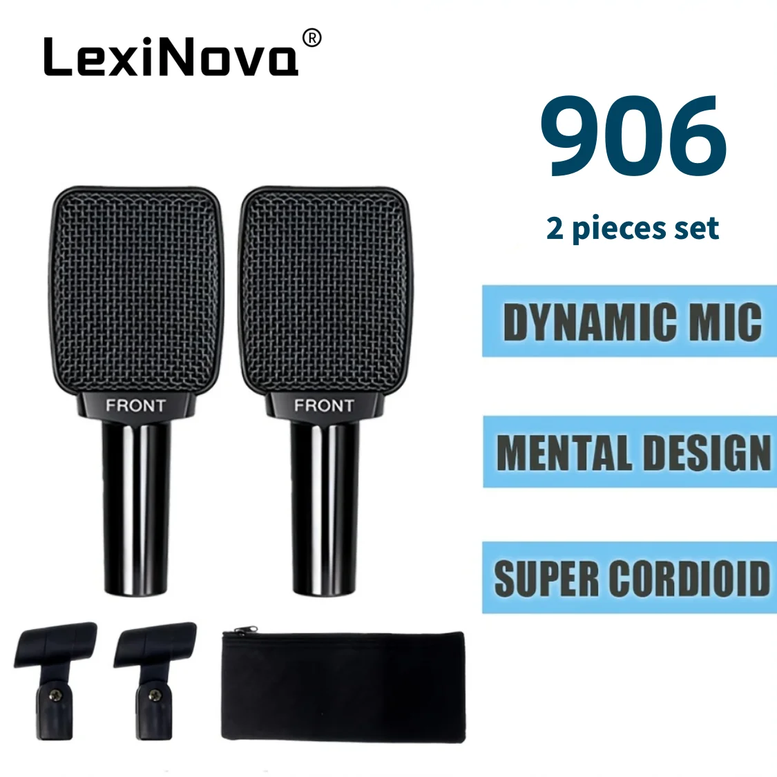 LexiNova 906 Drum Microphones 2 Pieces Set Professional Dynamic Instrument Mic HD Sound For Live Recording and Stage Performance