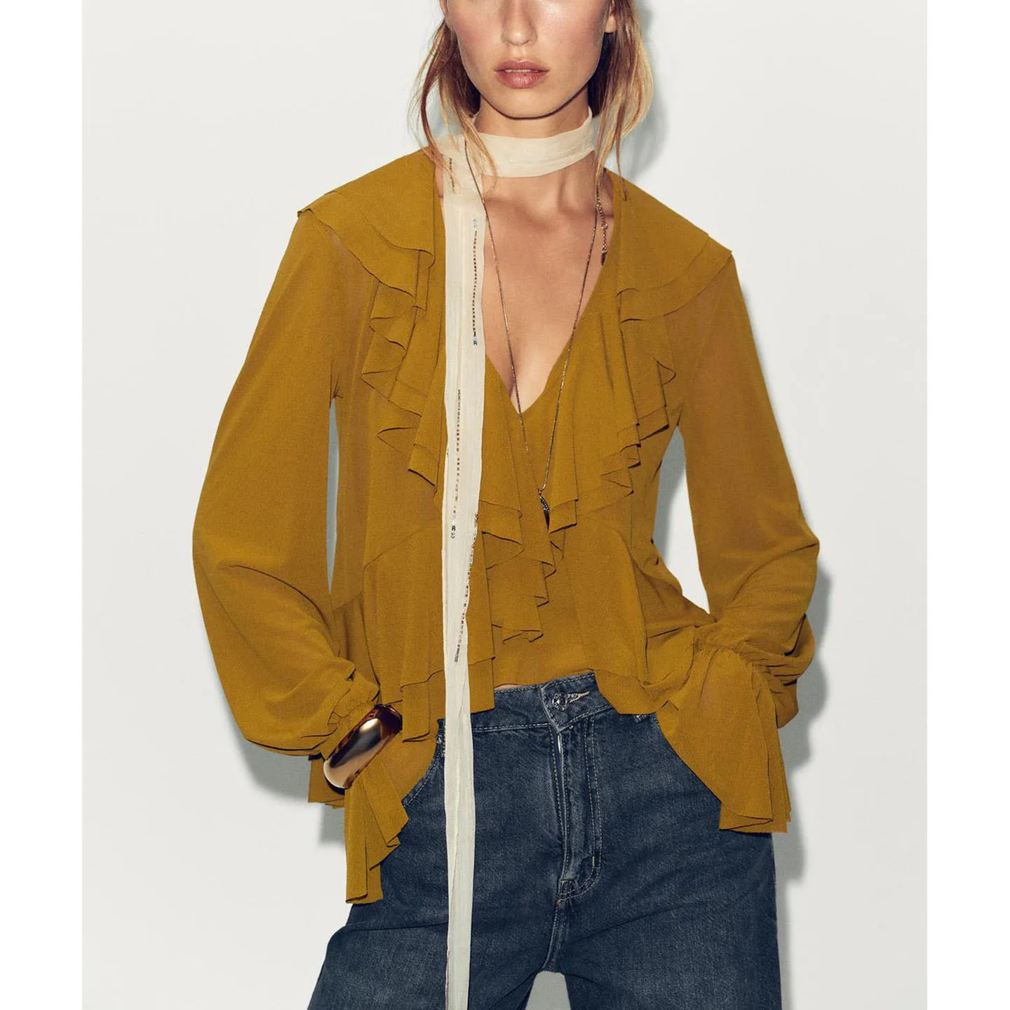 Autunno 2025 Orlo asimmetrico V-Ne Long Sve Donna irt Decorativo Dra Layered Sle Loose Fit Fibra di poliestere