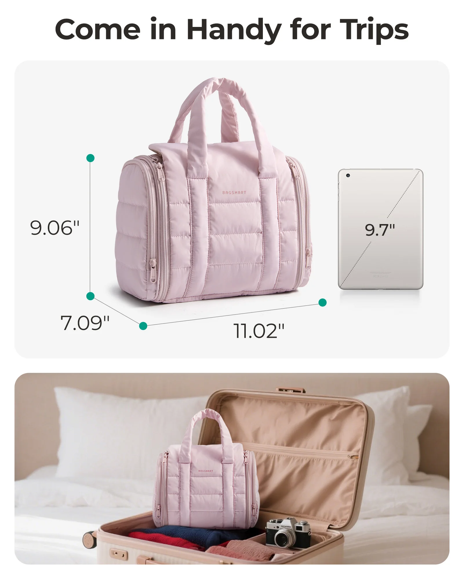 BAGSMART Borsa da toilette da donna con gancio per appendere Borsa cosmetica per trucco gonfio resistente all'acqua per accessori Contenitore per shampoo Toilette