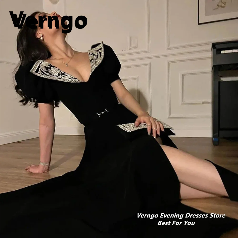 Verngo Black Deep V neck Party Gowns Appliques Split Birthday Dress Short Puff Sleeves Elegant Formal Dress Floor Length Outfit