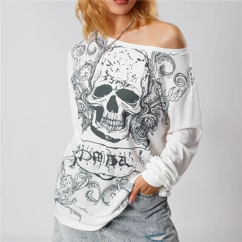 

Grunge Aesthetic Gothic Punk T Shirt Graphic Skull Print Long Sleeve Tops 2024 New Women Clothes E Girl Tee Streetwear