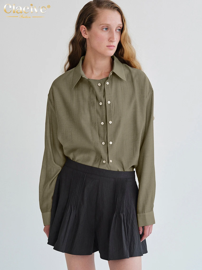 

Clacive Fashion Loose Pink Women's Blouse 2025 Causal Laapel Long Sleeve Shirt Ladies Elegant Classic Solid Top Female Clothing