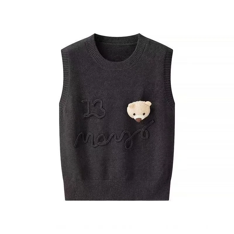 

Spring and Autumn New Product Solid Color Design Three Dimensional Bear Rope Embroidery Letter Jacquard Knitted Versatile Vest