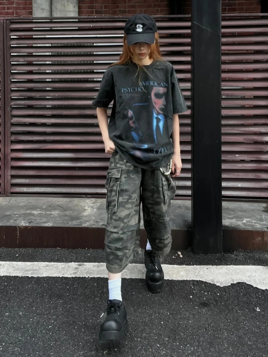 

American Style Spicy Girl Camouflage Denim Shorts Women's Casual High Waist Wide Leg Pants Summer Fashion Streetwear