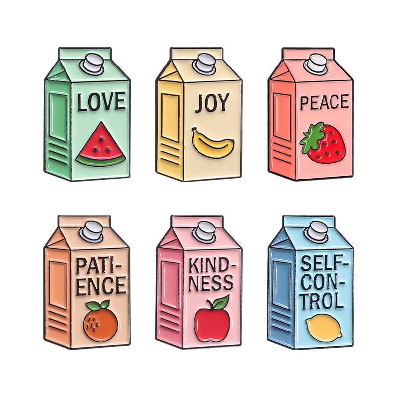 Love Peace Fruit Juice Box Enamel Pins Custom Joy Patience Kindness Self-control Fruit Juice Brooch Lapel Badge Cartoon Jewelry