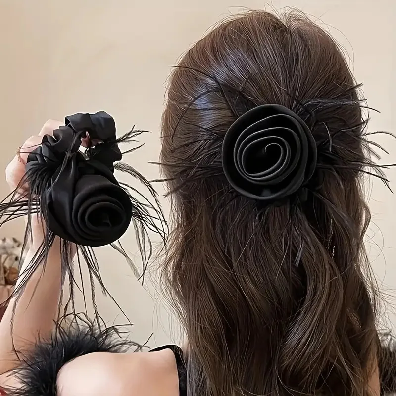 Fabric Rose Flower Hairbands Feather Floral Elastic Hair Tie Female Women Girls Fashion Barrettes Hair Scrunchies Women Girls