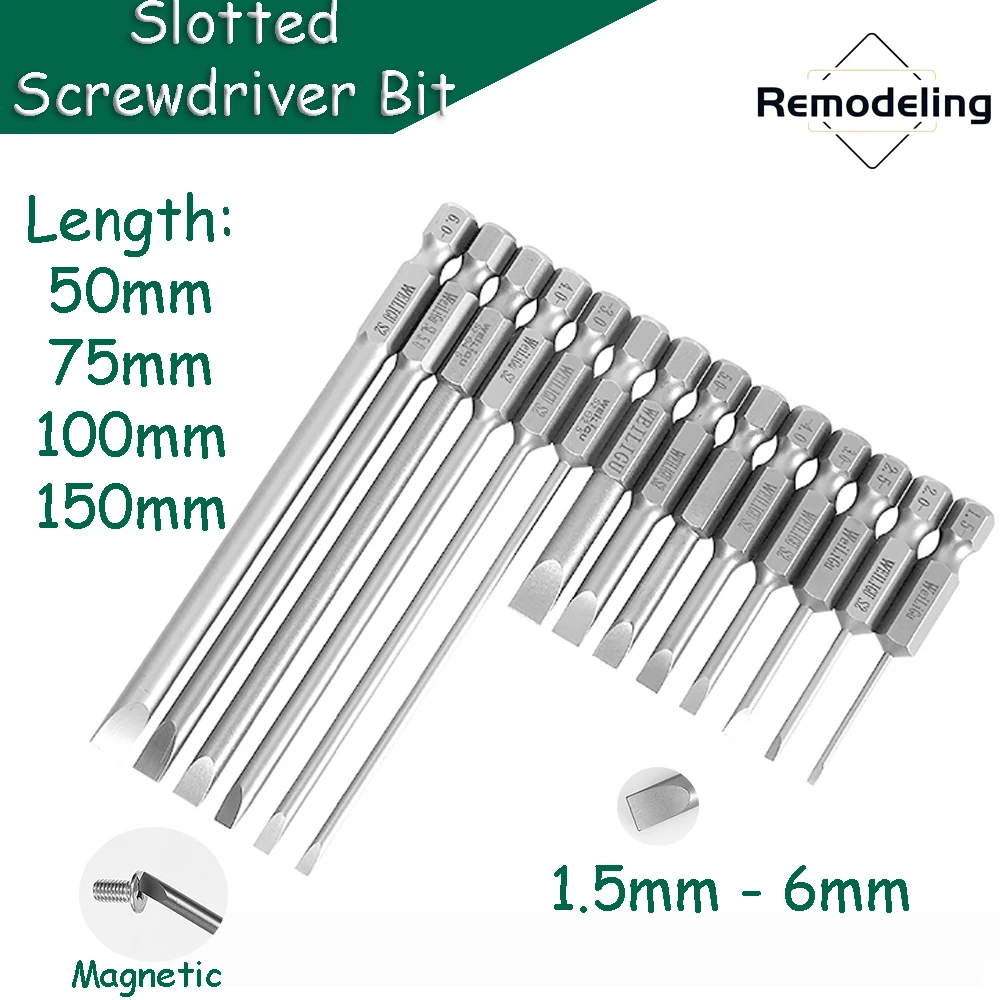 5pcs Slotted Screwdriver Bit Flat Head 1.5mm ~ 6mm Magnetic 1/4 in. Hex Shank S2 Steel 50/75/100/150mm Length Driller Bit