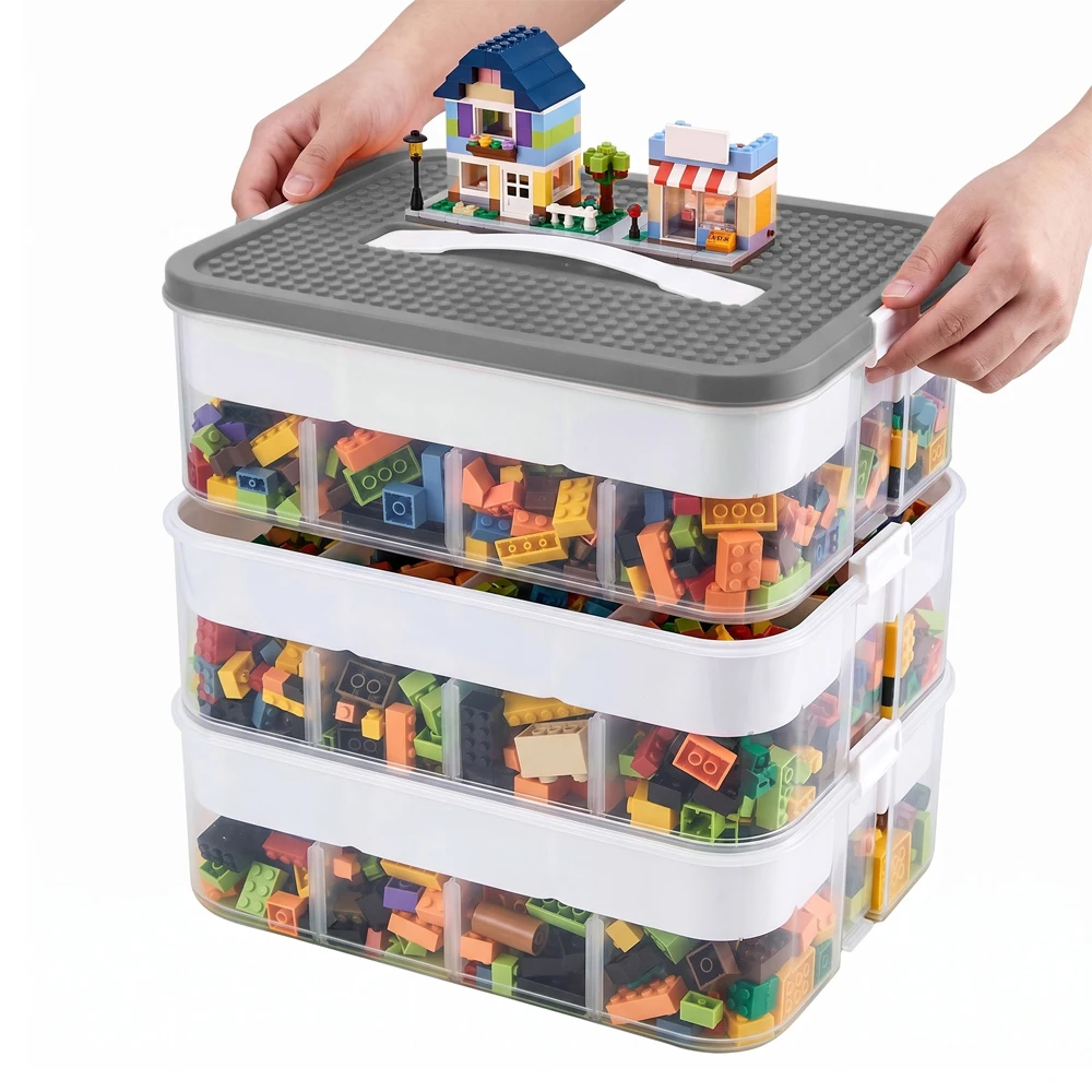 3-laags plastic opbergdoos voor kinderen, puzzel- en bouwblokkenopbergdoos, sorteerdoos voor onderdelen, kinderkamer speelgoedorganizer, opbergdoos voor diverse spullen en snacks.