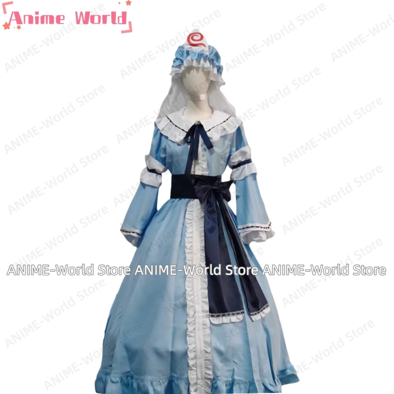 《Custom Size》Anime Game Touhou Project Saigyouji Yuyuko Cosplay Costume Dress Outfit Halloween Carnival Suit Wig Fan Prop - view 2