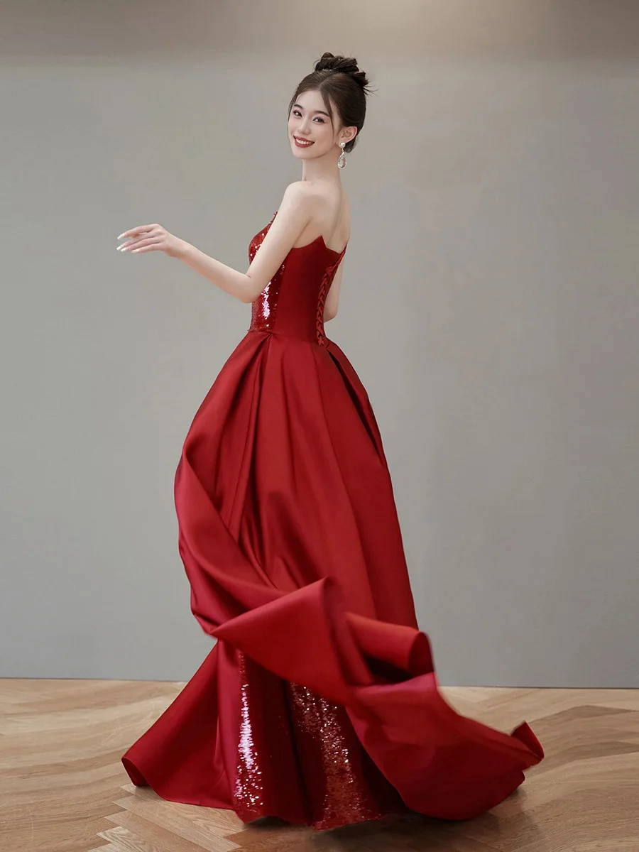 Modern Style Red Strapless Mermaid Side Split Prom Dresses Glitter Sequin Court Train Slim Fit Evening Banquet Party Dresses