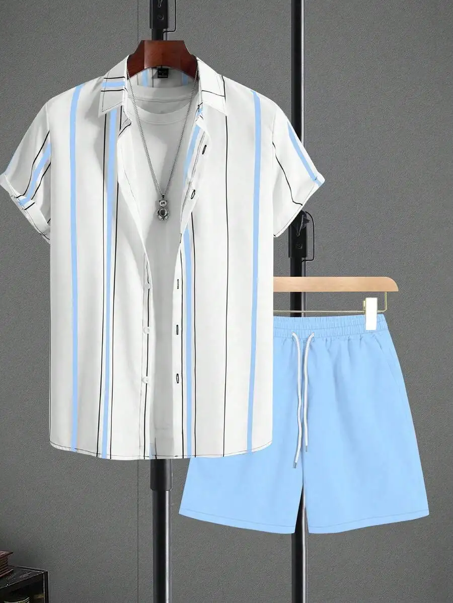 Manfinity Homme 2pcs/Set Men Striped Short Sleeve Single-Breasted Shirt & Shorts Sets For Men Summer, Cozy Outfits - view 2