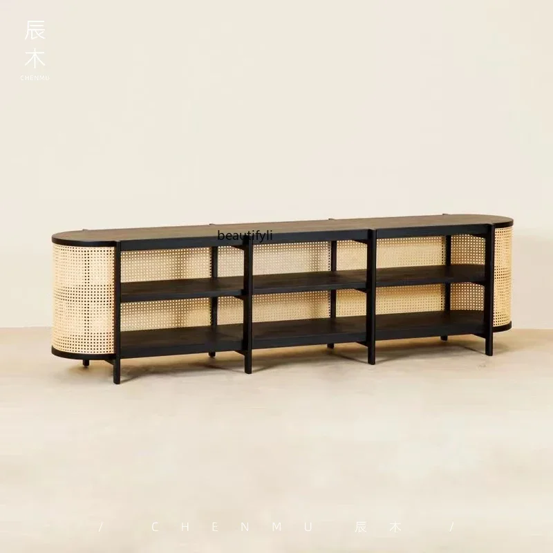 

A15 Solid Wood Rattan TV Cabinet Nordic Style Home Living Room Floor Cabinet Homestay Hotel Sideboard Cabinet Storage Locker