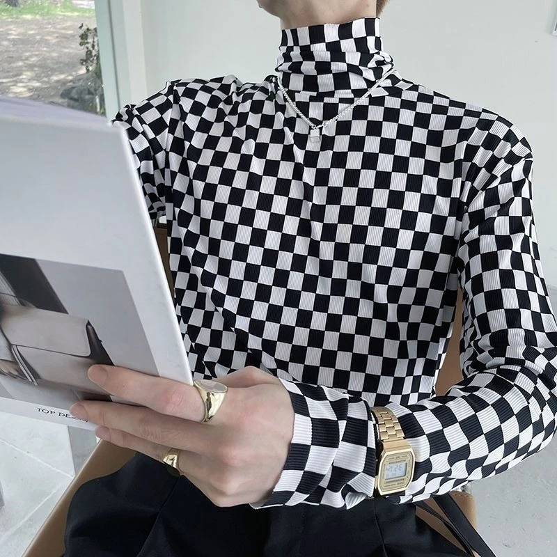 Men's Long Sleeve High Neck Slim Fit T-Shirt Plaid Color Block Print Trendy Versatile Base Layer Top