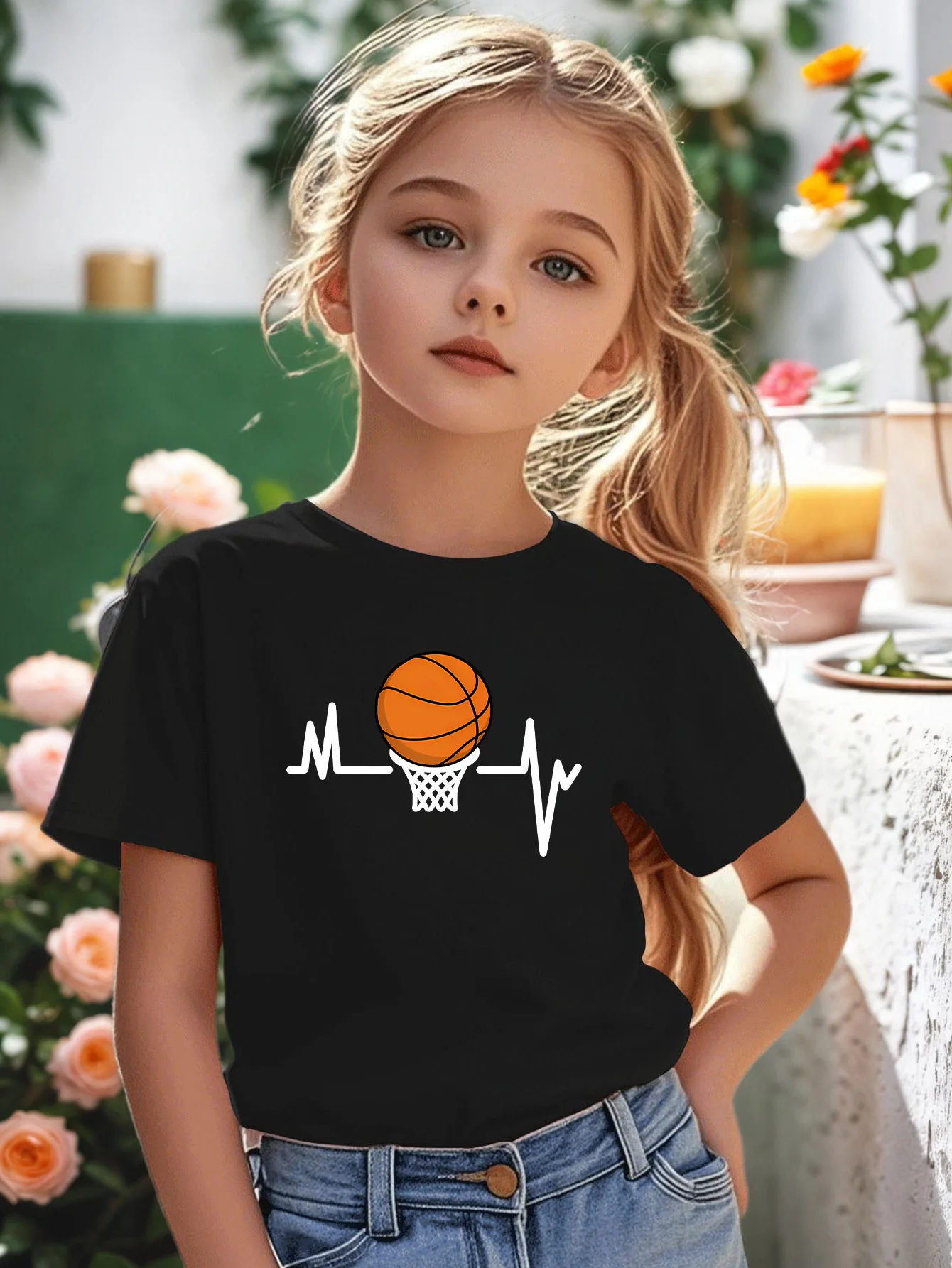 Basketball Hoop Electrocardiogram Sports Enthusiast Print Kids T Shirt Boys Girls Family Matching Summer Crew Neck Casual Tee
