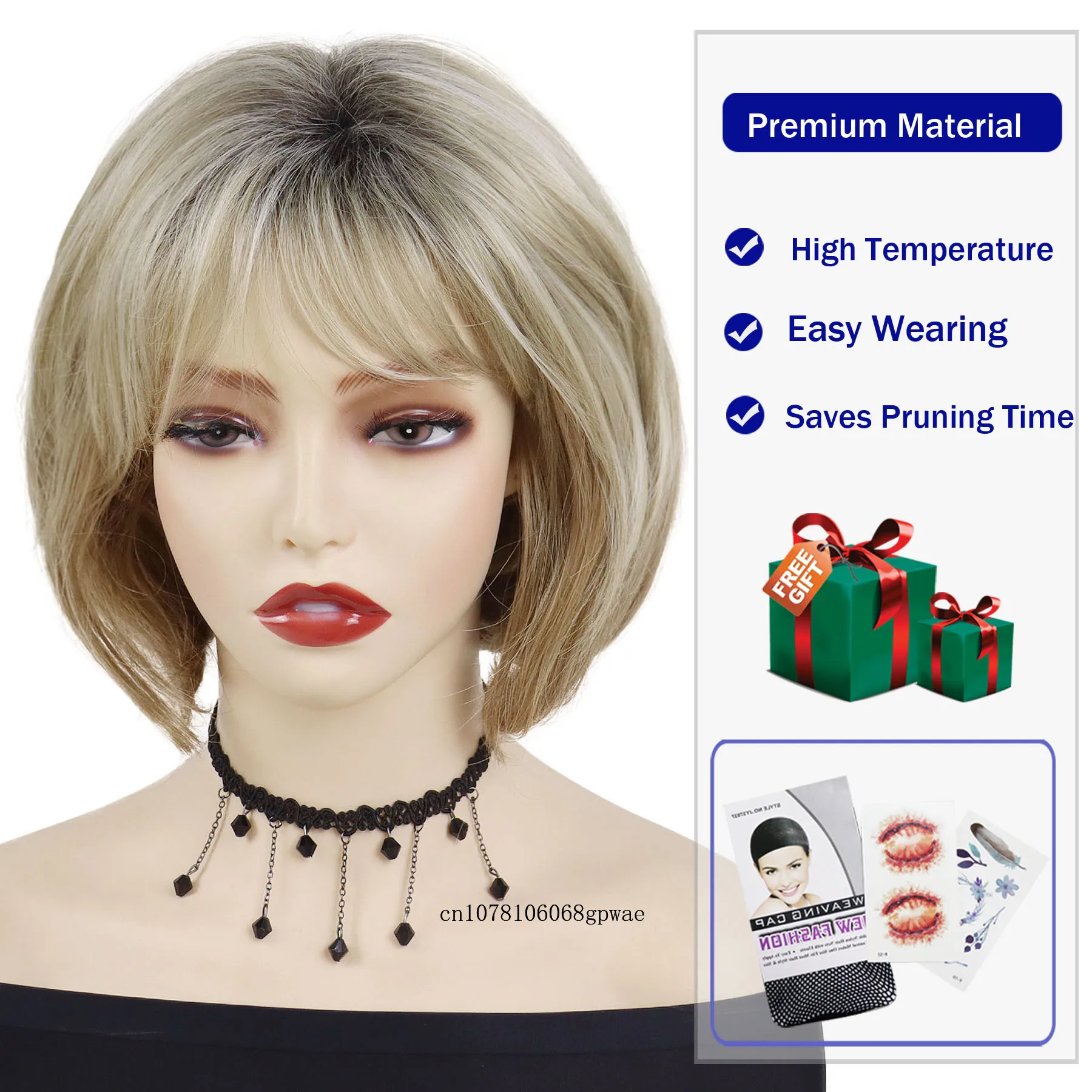 Bob Cut Natural Synthetic Hair Wig Blonde Wigs with Bangs for Women Lady Daily Dress Party Adjustable Cap Size Heat Resistant