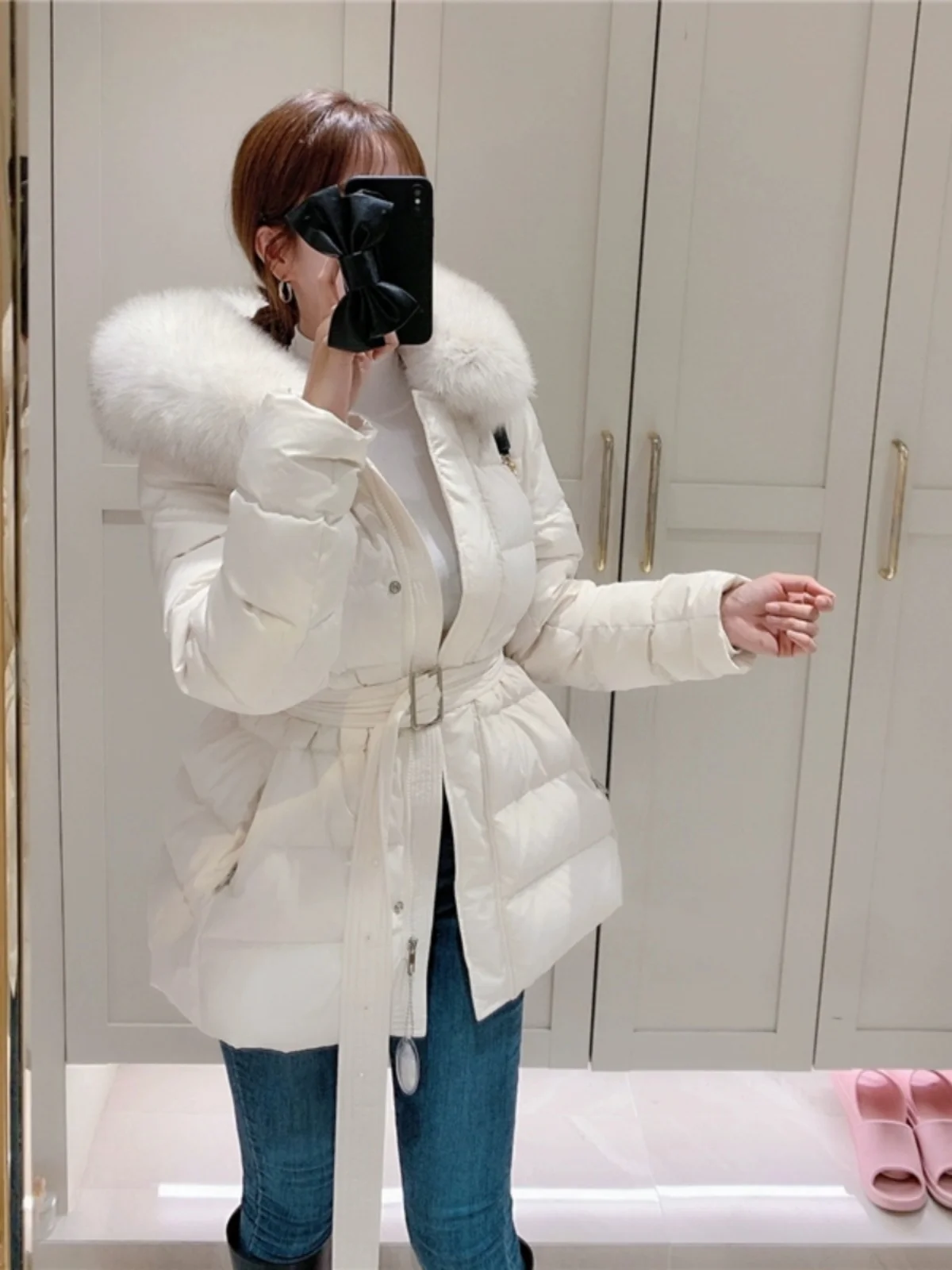 

Women's Thiened ort down Jaet White Fur Collar Belted Waistcoat Winter New Sle Commute Sle Zipper Closure Long Sve