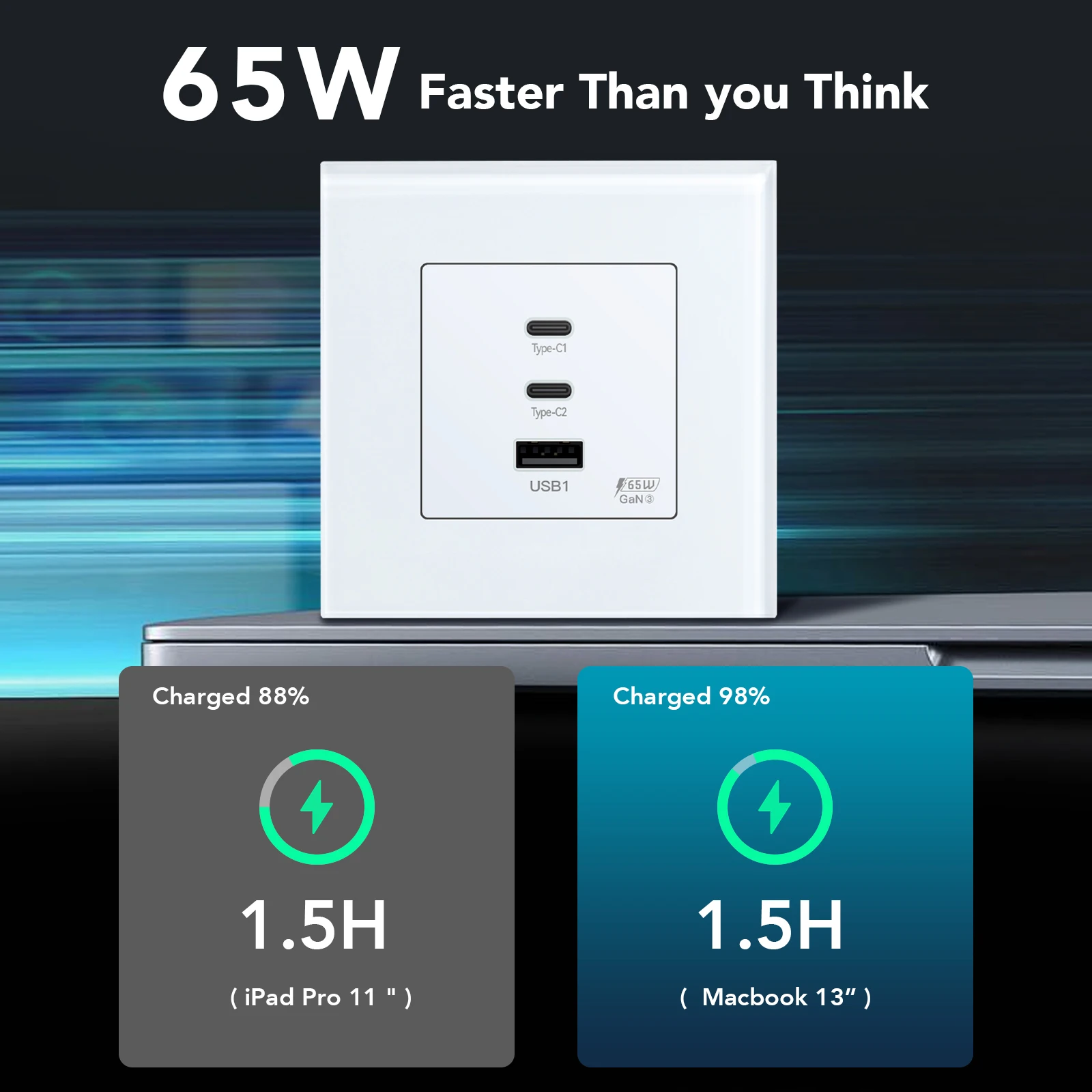 BSEED GaN3 Universal Socket 65W PD Fast Charge Port USB Type-C Quick Charge Adapter for Phone Computer Glass Panel 100V-240V