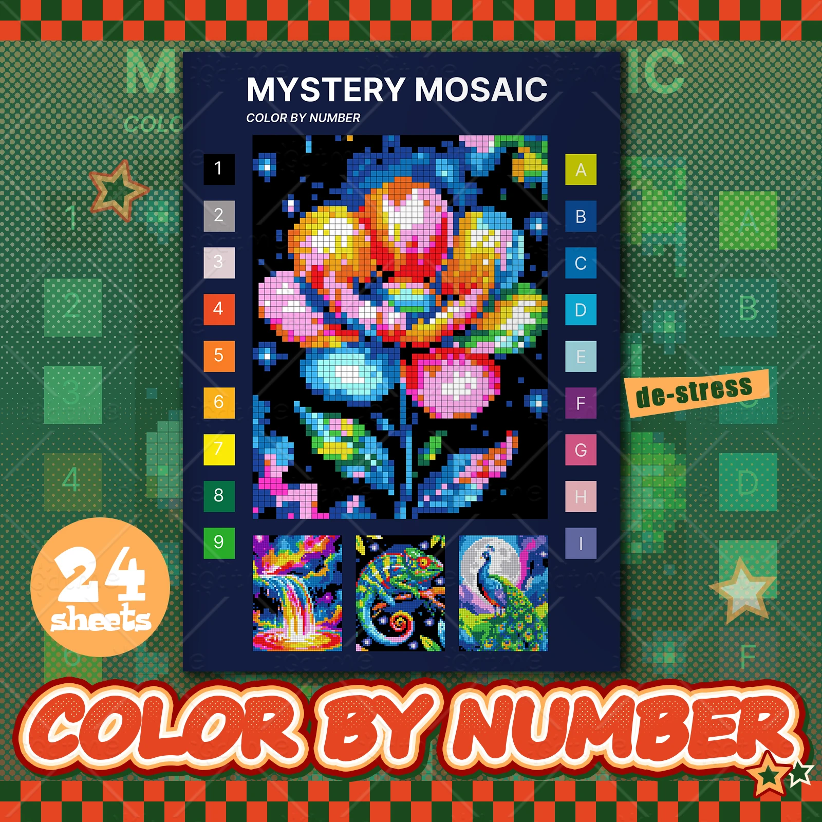 

MYSTERY MOSAIC Книжка-раскраска для снятия стресса для взрослых Пиксельное искусство Релаксация Ручная рисованная книга Таинственная мозаика Цвет