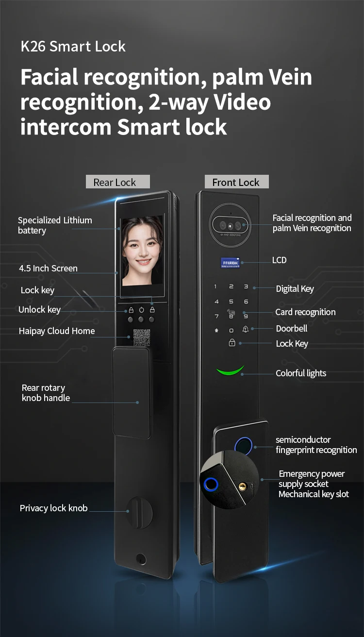 CNC Housing 2 Way Video and Audio 3D Facial Palm Vein Recognition Smart Door Lock for Home Hotel