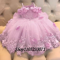 Customized Pink Flower Girl Dress Lace Off Shoulder Pearls Butterflies Organza Baby Girl Birthday Party First Communion Dress