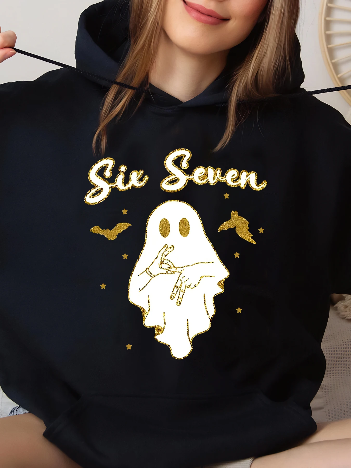 

Женская толстовка с капюшоном на Хэллоуин Ghost and Six Seven Print, повседневная одежда, черная, большие размеры