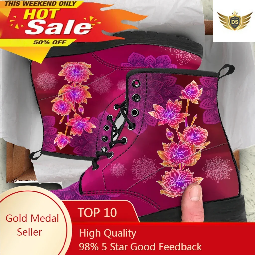 

Lotus Flower Printing Temperament Women's Ankle Boots Casual Female Leather Boots Street All-match Female Booties Dropshipping