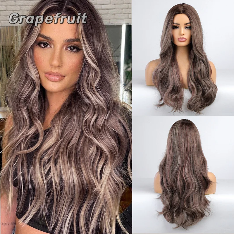 Wig female medium part big wave curly hair dark brown blend
