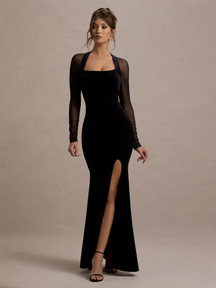 أنيقة شبكة المخملية المرقعة Bodycon فستان المرأة الجديدة عالية الشق مثير شاش شفاف Bodycon نادي الحفلات فستان سهرة #5