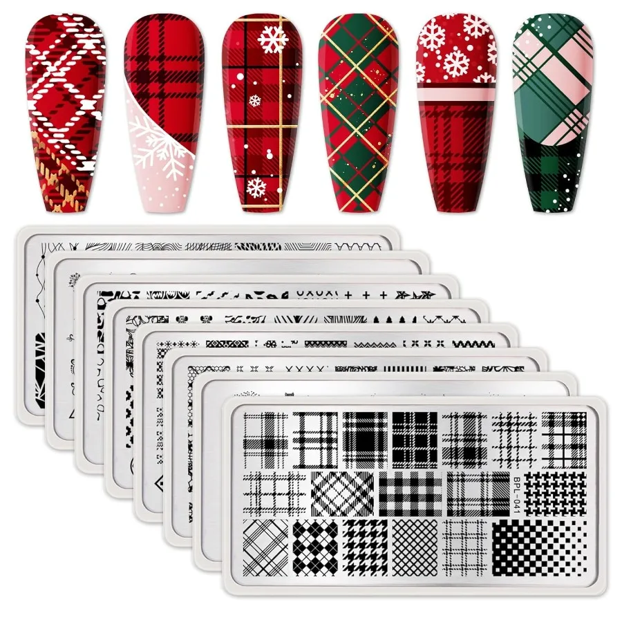 

Spring into Winter Nail Art Stamp Kit with Plaid Flowers Leaves Lace Designs for DIY Manicuring: 8PCS Image Plates Set for Crea
