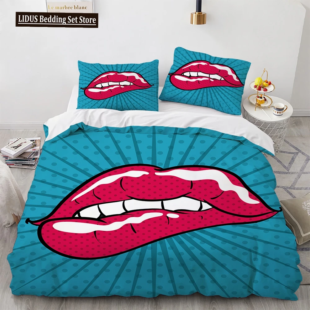 

3D Print Red Lips Duvet Cover Set Sexy Theme Romantic Style For Girls Women Couple Bedding Set King Queen Size With Pillowcase