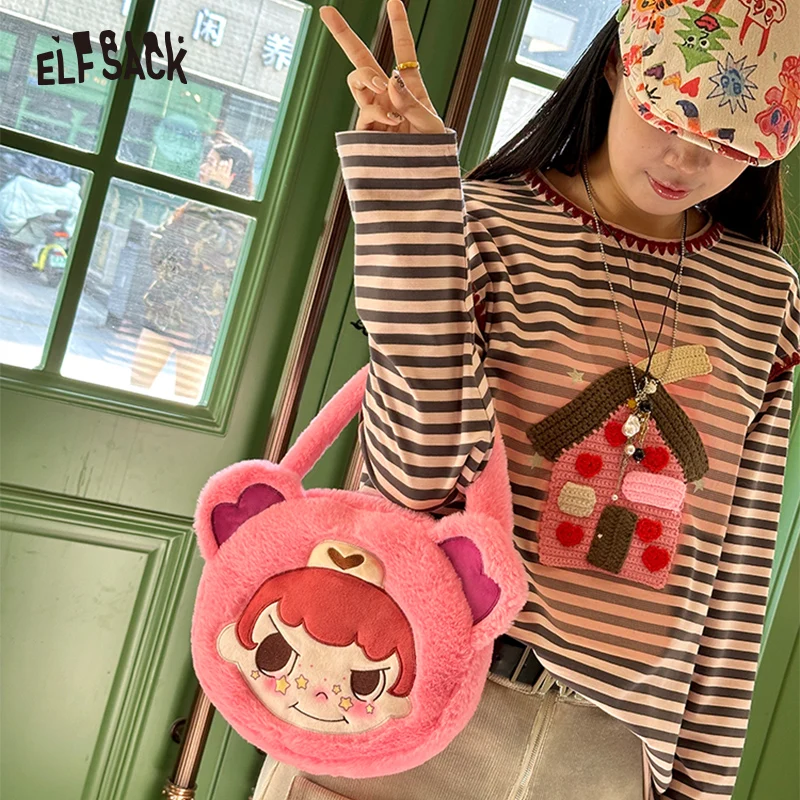 ELFSACK 2025 وصل حديثًا ربيعًا [Ai Maomao] حقيبة يد وردية من القطيفة للنساء حقيبة بناتي كرتونية لطيفة