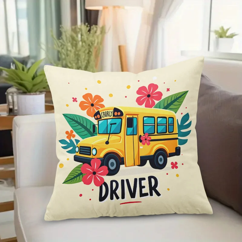 Funny School Bus Driver Pillow Case, Teacher Gift Cushion Cover, Retro Floral Home Decor Throw Pillow Slipcover for Sofa