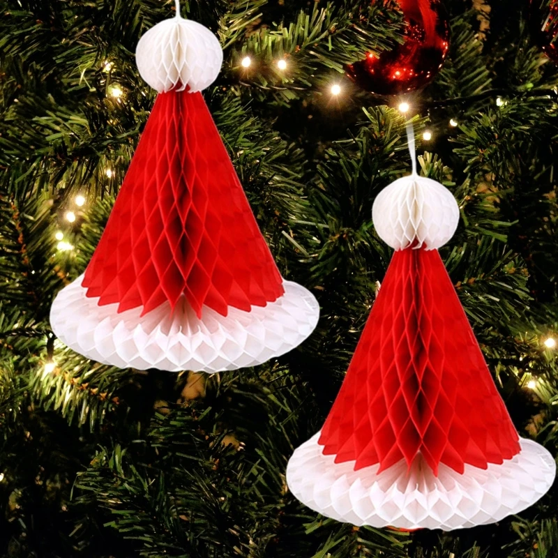 

10Pcs Christmas Decoration Honeycomb Santa Hat Shaped Ornament for Centerpieces