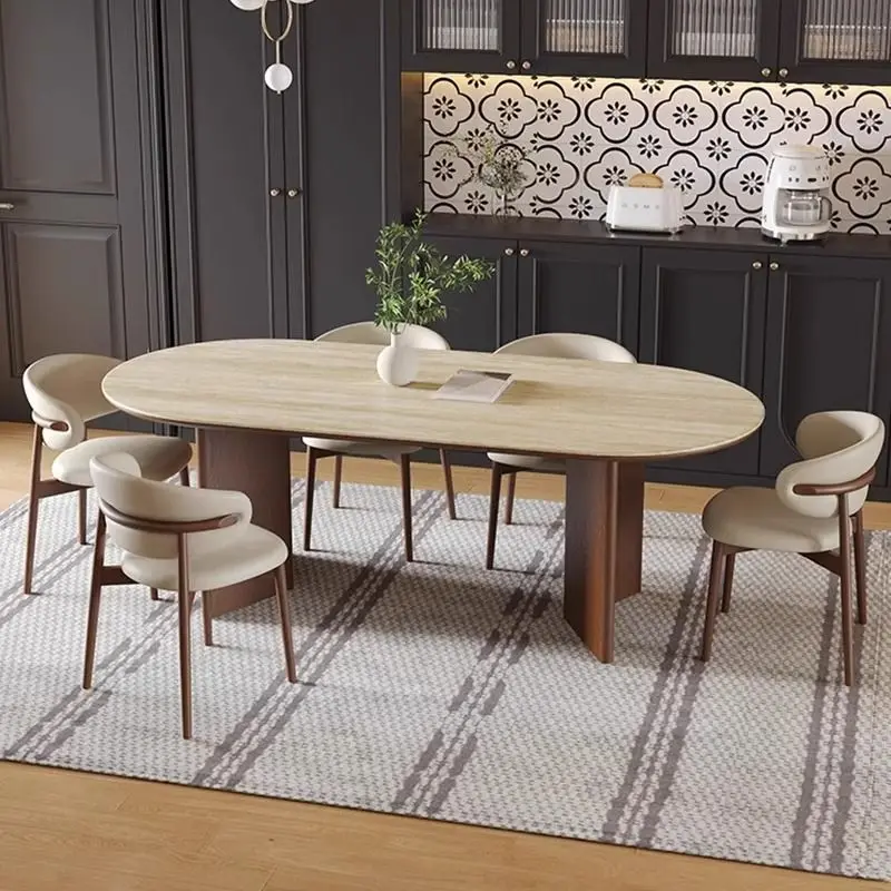 โมเดิร์นRetro 6 ที่นั่งวอลนัทโต๊ะรับประทานอาหารห้องครัวรูปไข่ไม้เนื้อแข็งชุดโต๊ะรับประทานอาหารไม้เนื้อแข็ง 8 ชุดรับประทานอาหาร