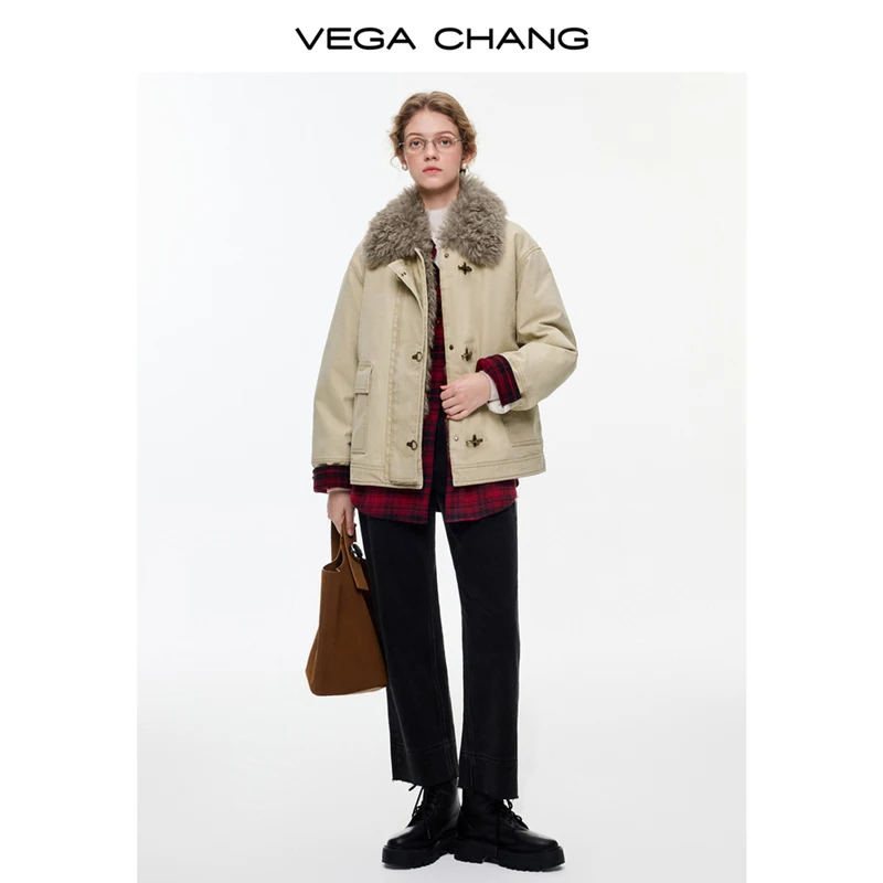 Vega Chang Novo estilo de inverno com fivela de avião de metal e gola de pele confortável jaqueta quente feminina