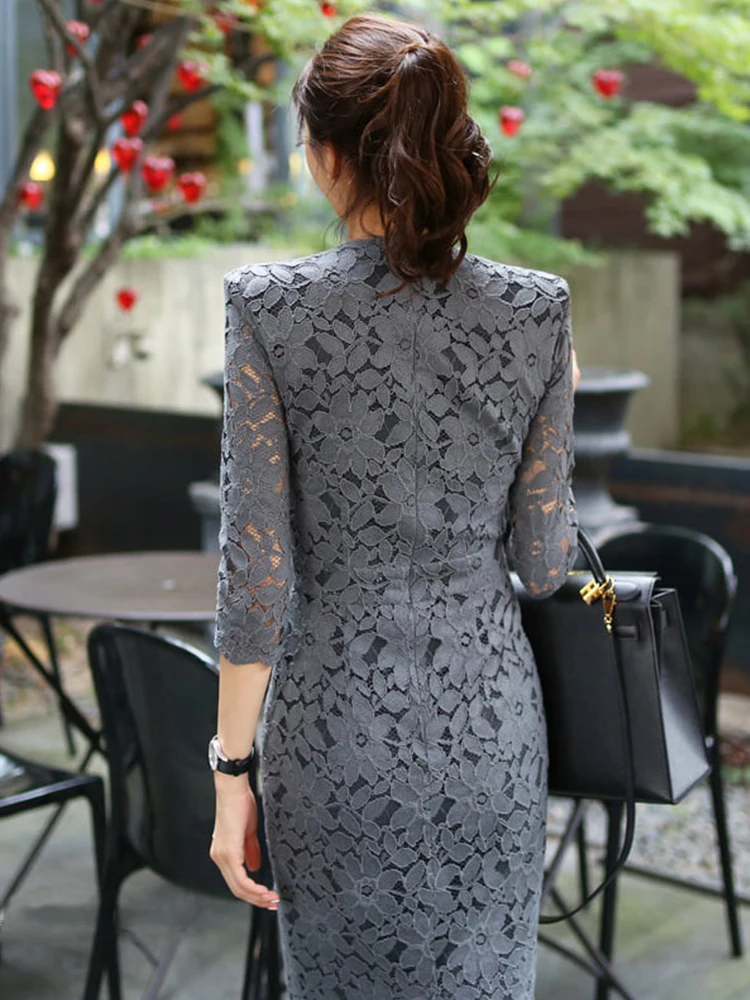 Eleganckie sukienki midi dla kobiet, koreańskie, z prześwitującej koronki, z kwiatami, dopasowane, damskie sukienki na imprezę, randkę, vestidos, odzież w stylu biznesowym, wiosenne.