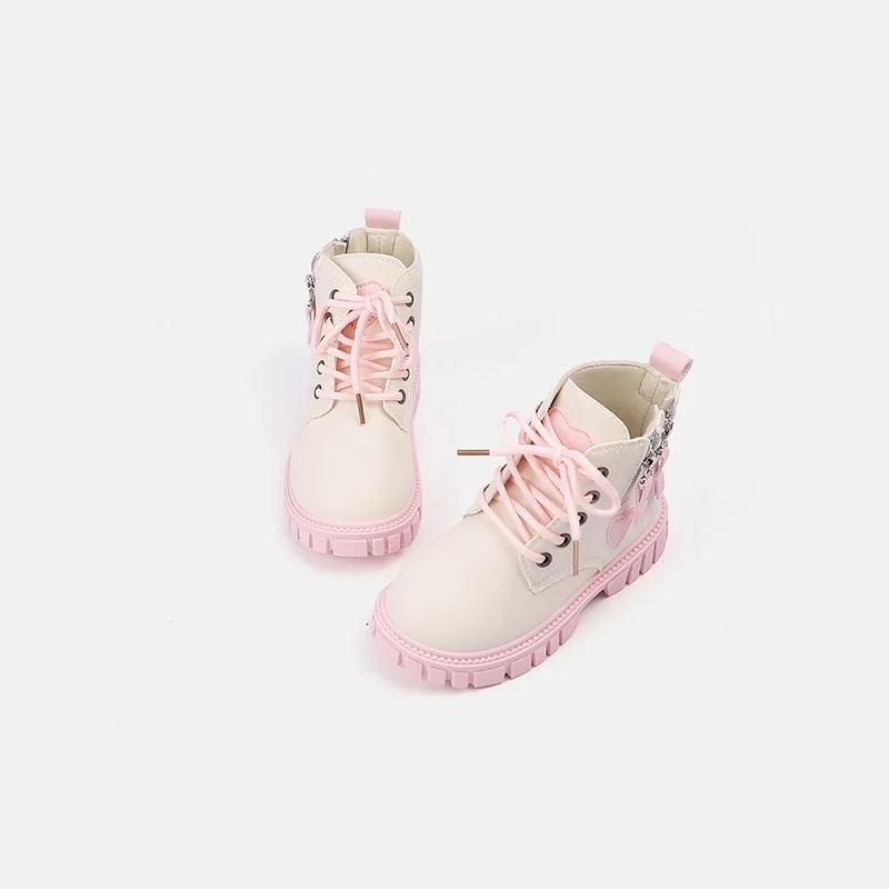 Girls Sweet Heart Patchwork Ankle Boots, PU Pink Contrast Lace‑Up Back Zipper Thick Non‑Slip Sole Cute Kids Fashion Short Boots