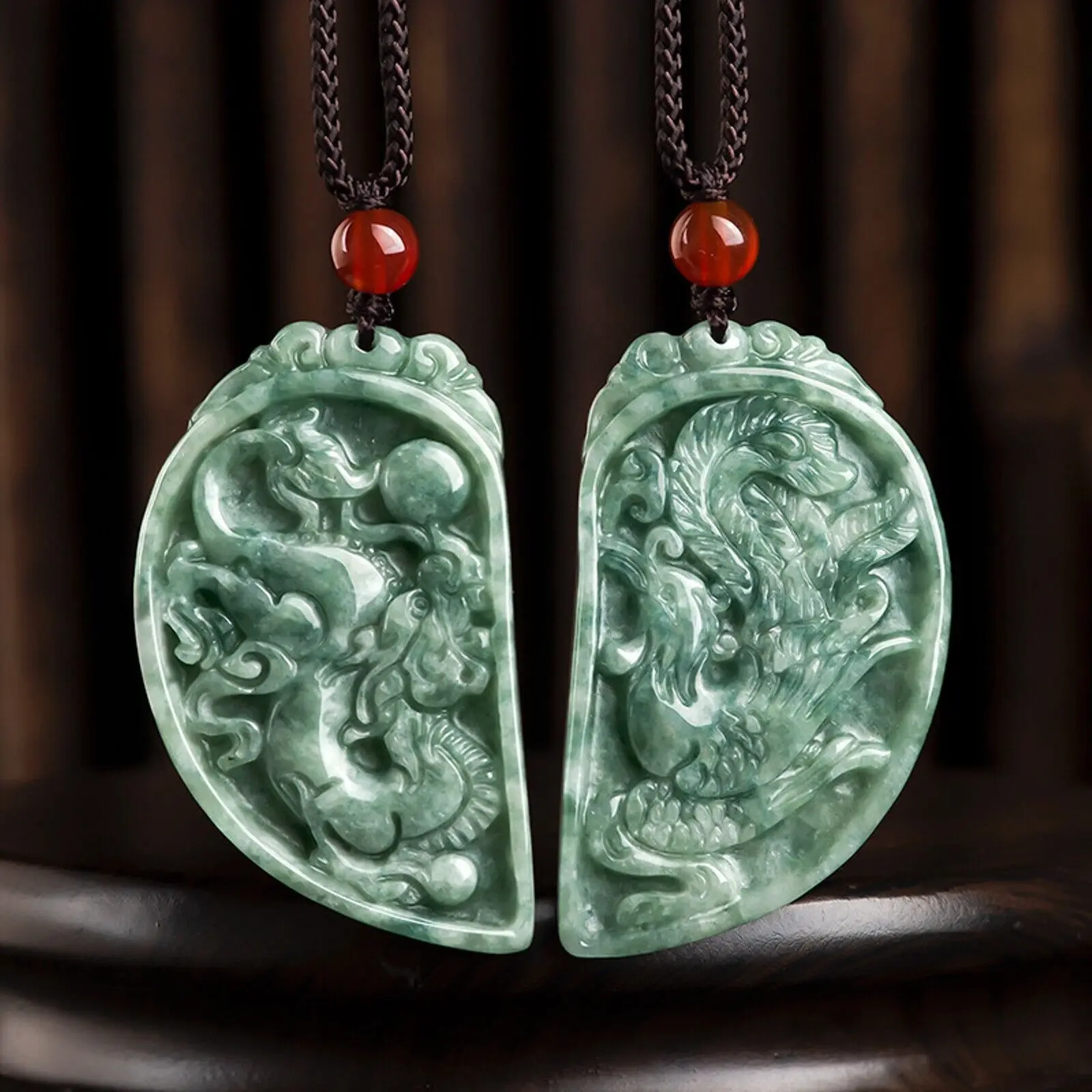 Natural Grade A Jade Jadeite Couple Green Dragon Phoenix Half Circle Pendant