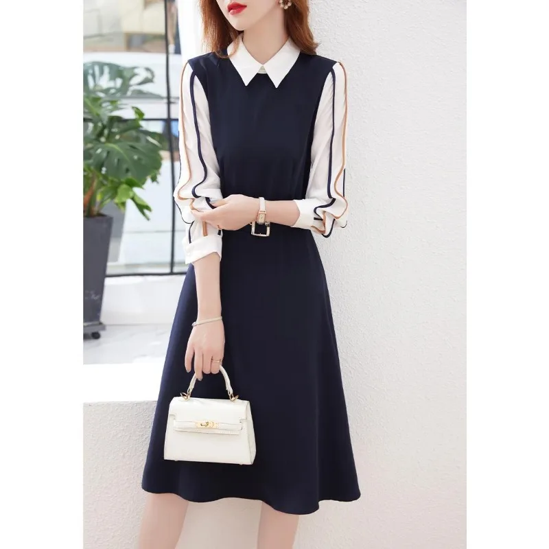 Women's Spring Autumn Fashion Elegant Simple Collar Pullover Long Sleeve Casual Versatile Western Commuting Comfortable Dress