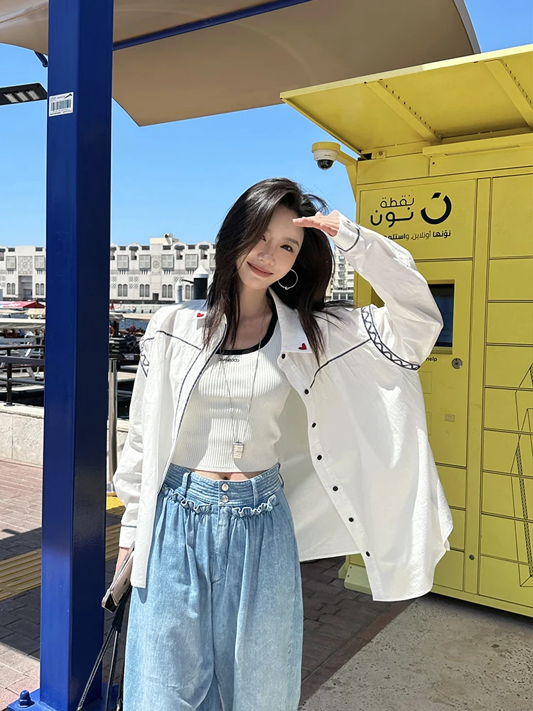 

ZQ Zigeng Embroidered Collar irt Thin Sun Protection Color Blo Spring New Design White irt Women's Busin Casual Loos...