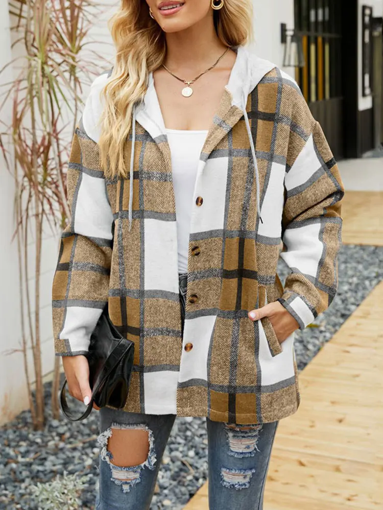 Autumn Winter Hooded Plaid Jacket Women Warm Long Jacket Coat Women Button Up Overshirt Loose Checkered Shirt Jackets for Women